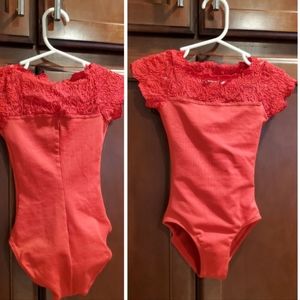 SoDanca, red laced capsleeve leotard.  Child size 2-4.